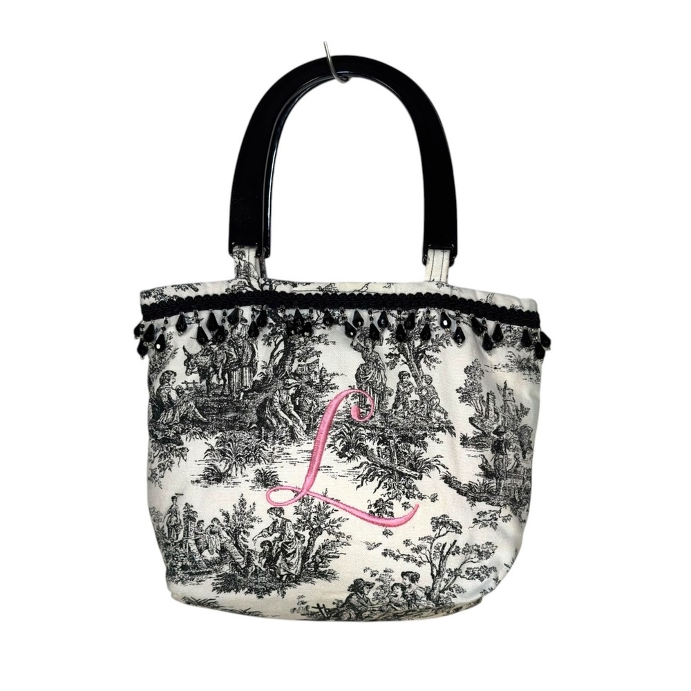 Bagsbygayle Toile Handbag Small White Black Initial L Beaded French Country